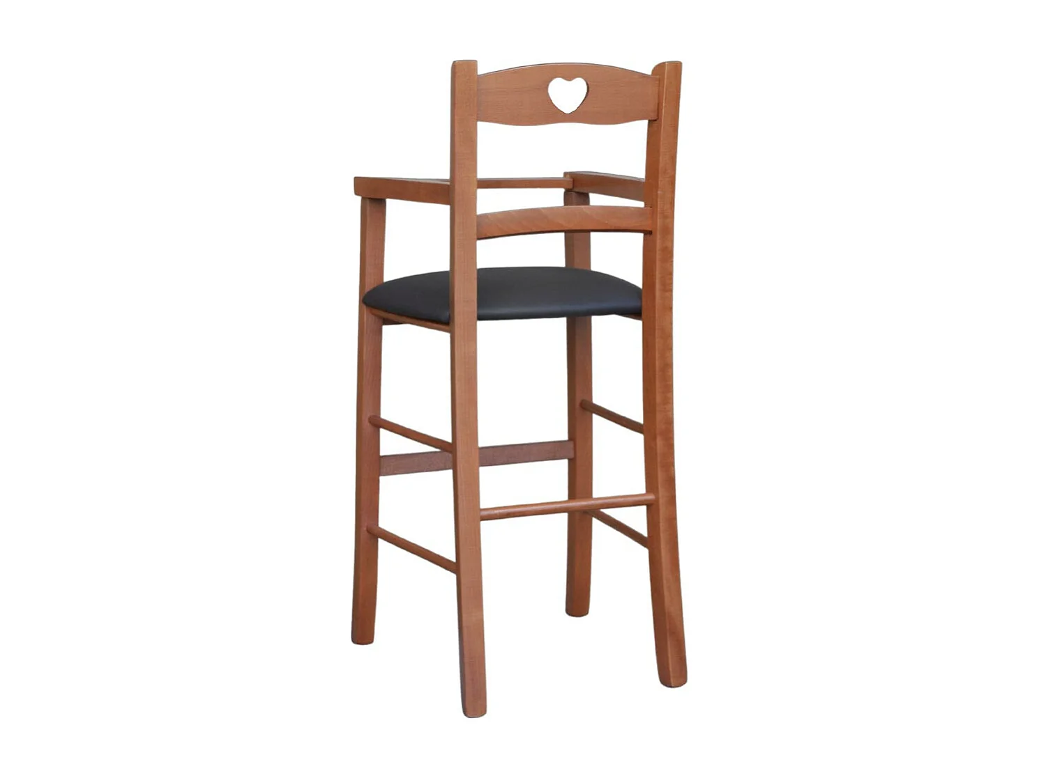 Chaise haute en bois de cerisier avec assise rembourrée en simili cuir marron