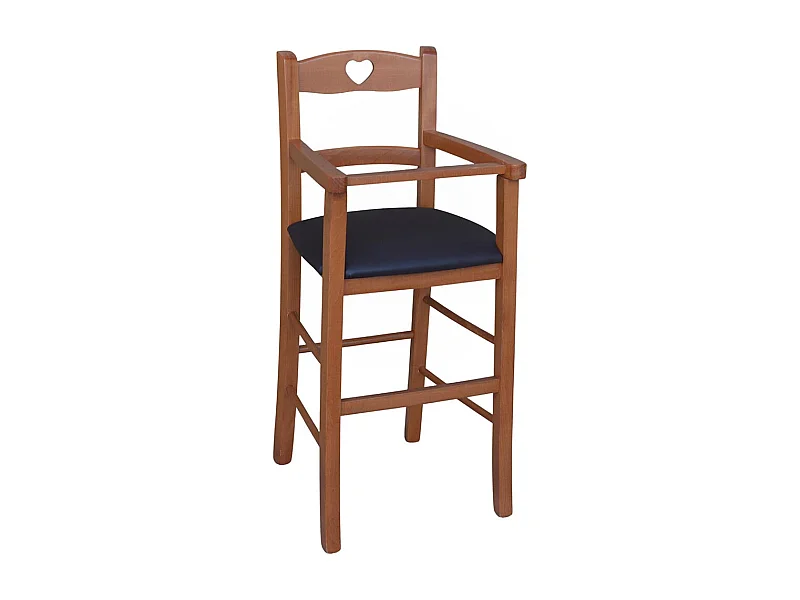 Chaise haute en bois de cerisier avec assise rembourrée en simili cuir marron