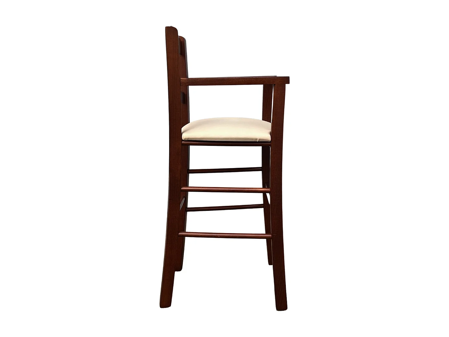 Trona en madera de nogal oscuro con asiento acolchado en símil piel color crema/beige