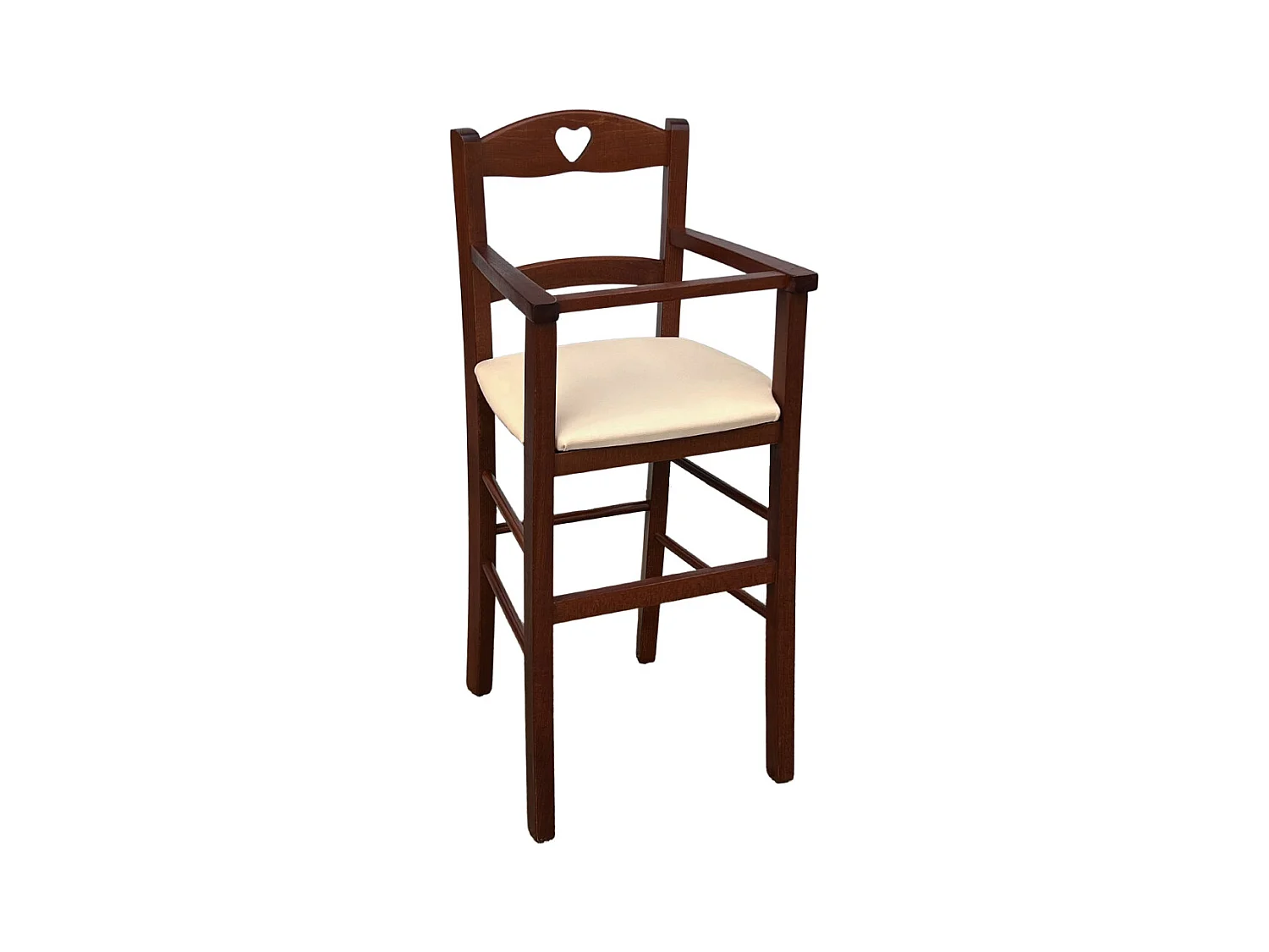 Chaise haute en bois de noyer foncé avec assise rembourrée en simili cuir crème/beige