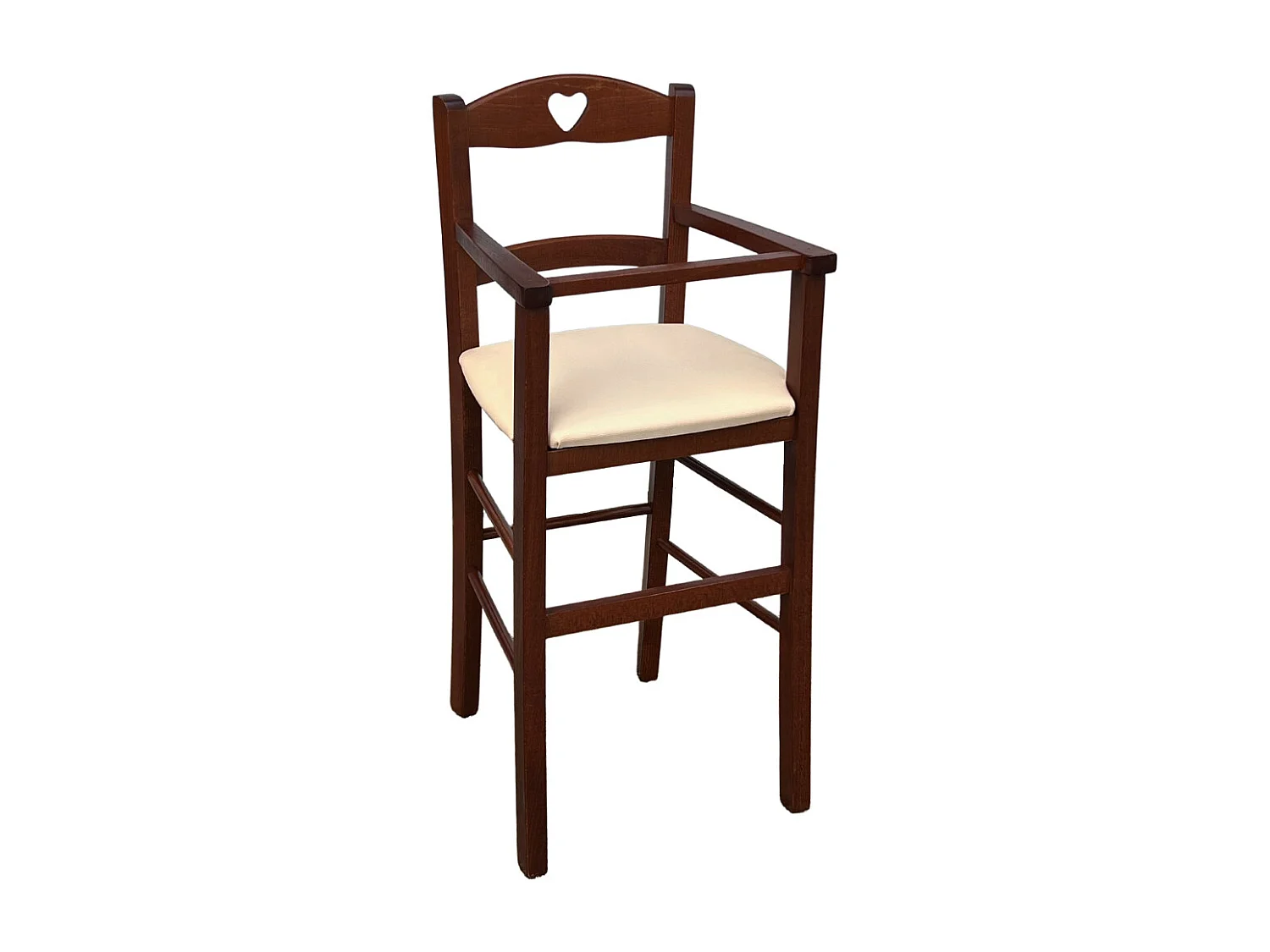 Chaise haute en bois de noyer foncé avec assise rembourrée en simili cuir crème/beige