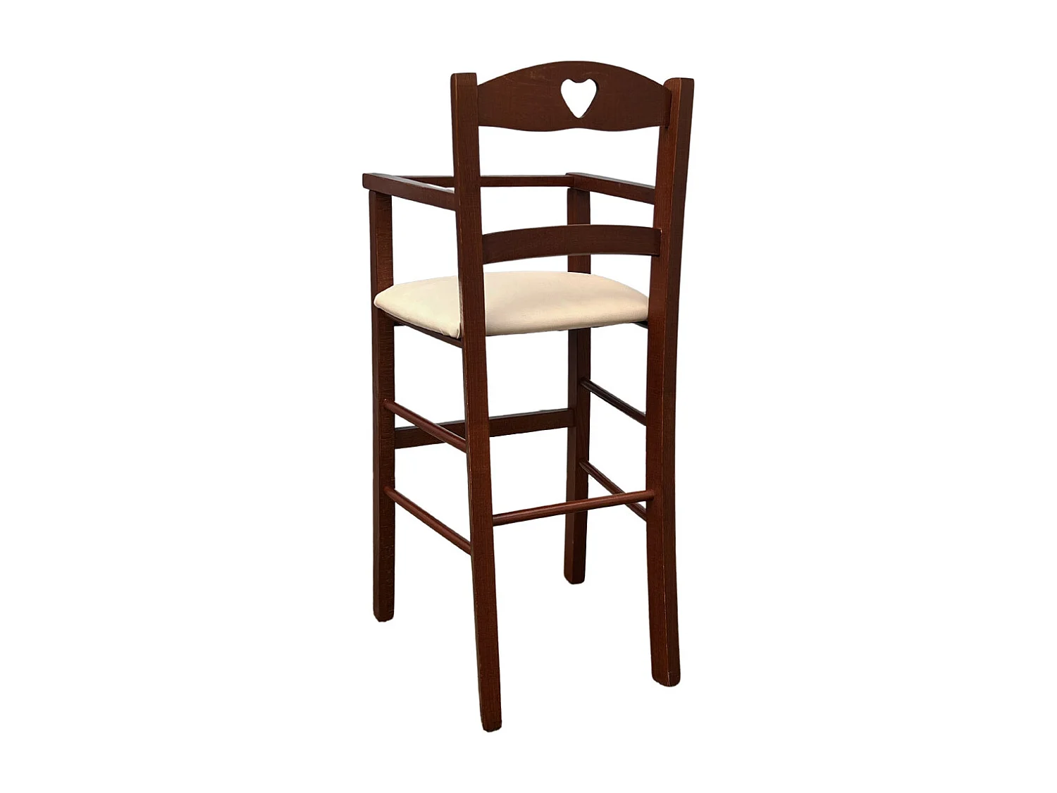 Chaise haute en bois de noyer foncé avec assise rembourrée en simili cuir crème/beige