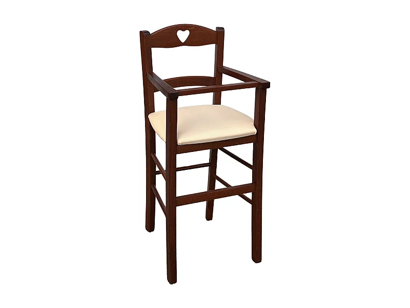 Chaise haute en bois de noyer foncé avec assise rembourrée en simili cuir crème/beige