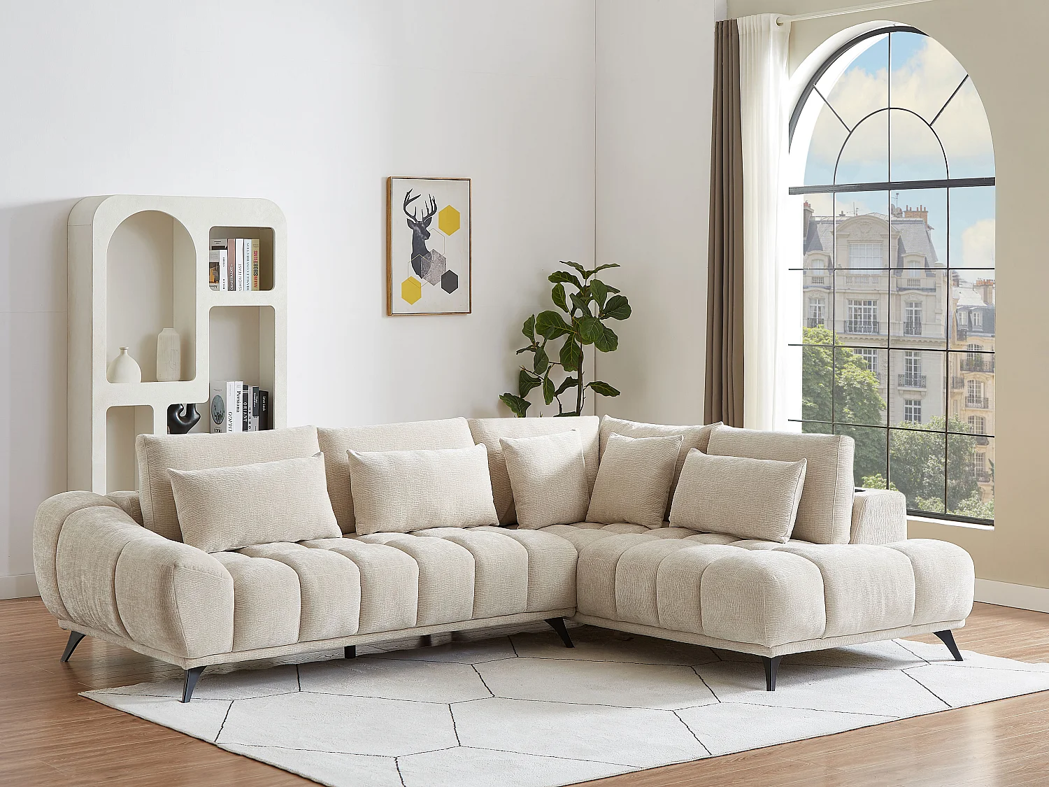 Canapé d'angle droit avec dossier relevable en velours texturé beige MAVIRO