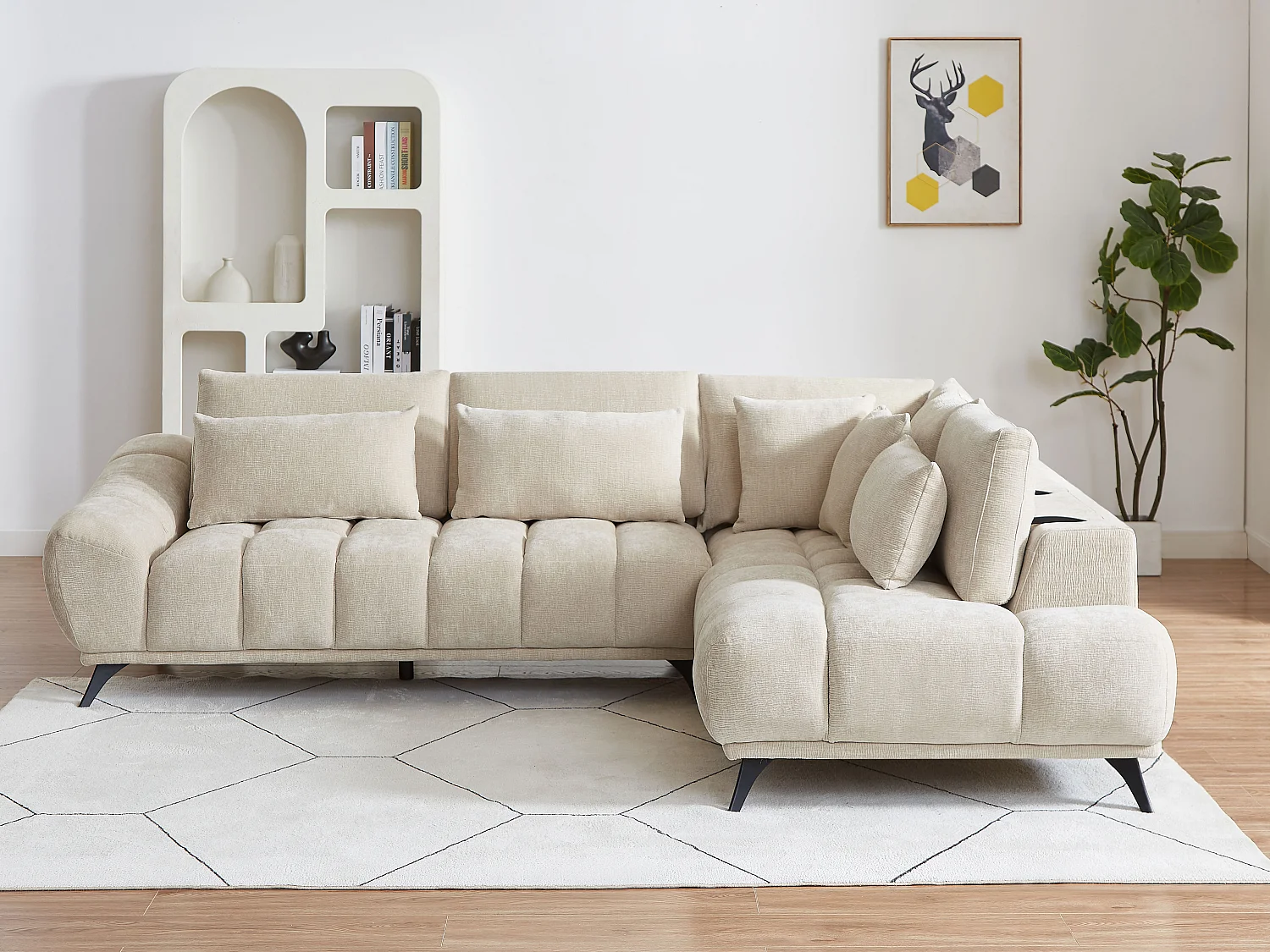 Canapé d'angle droit avec dossier relevable en velours texturé beige MAVIRO