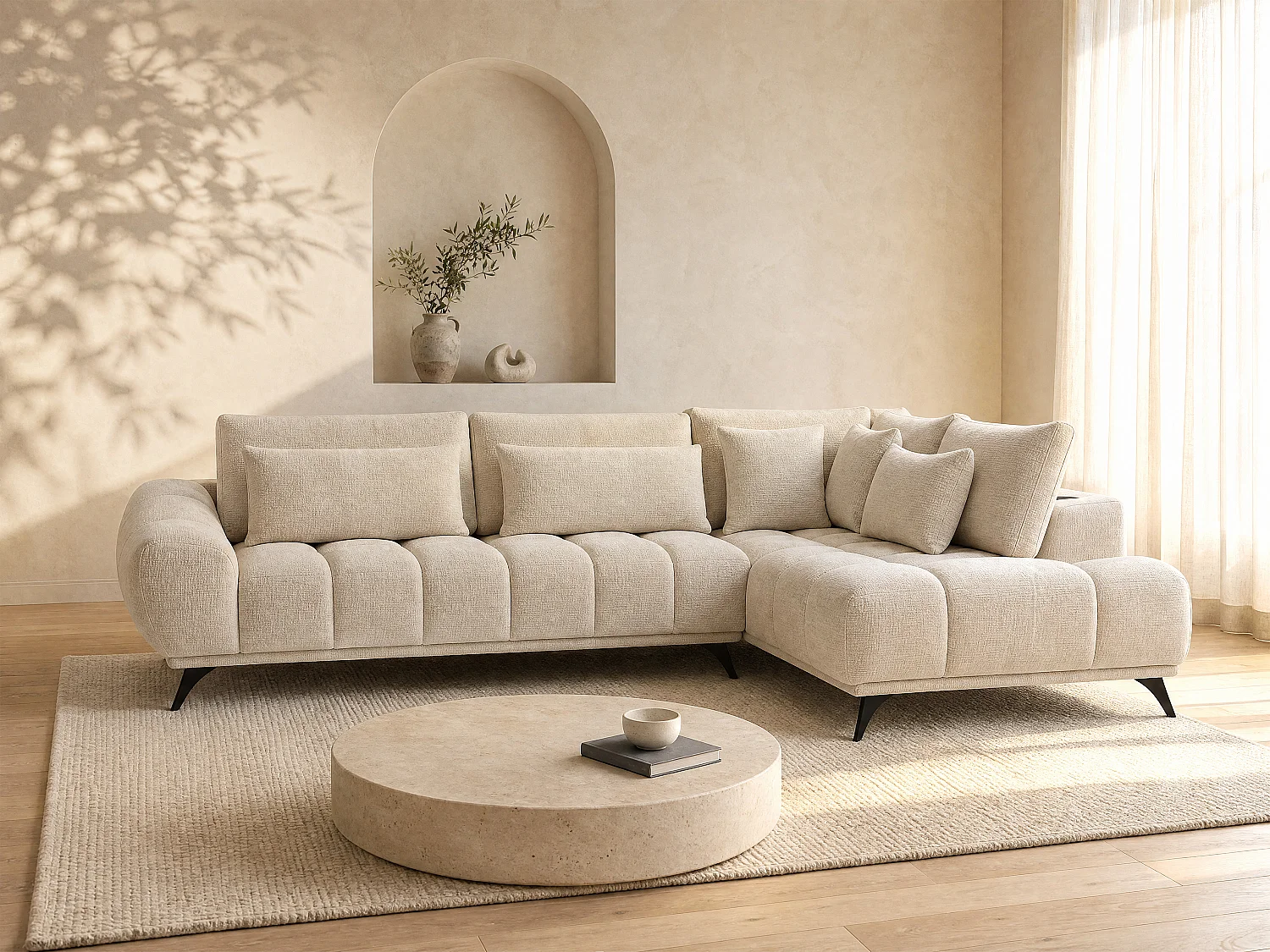 Sofá rinconera derecha con respaldo elevable en terciopelo texturizado beige MAVIRO