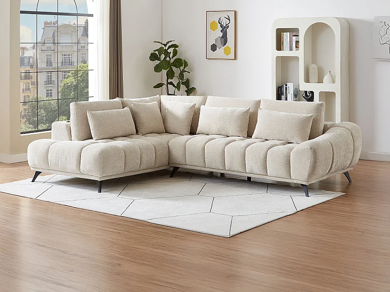 Ecksofa links mit verstellbarer Rückenlehne - Strukturstoff - Beige - MAVIRO