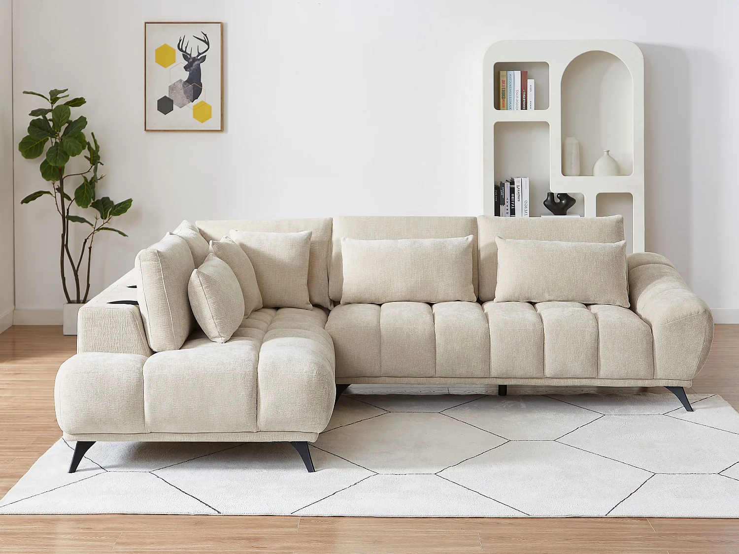 Canapé d'angle gauche avec dossier relevable en velours texturé beige MAVIRO