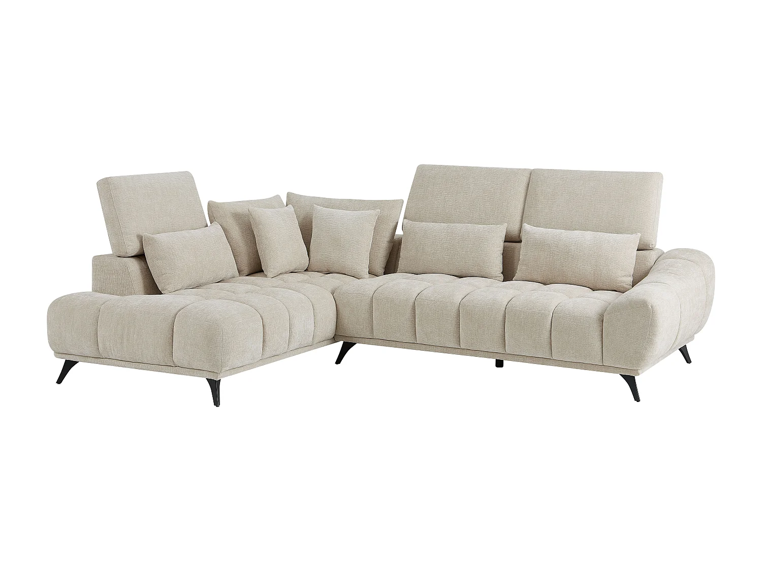 Venstrevendt hjørnesofa med regulerbare nakkestøtter i beige strukturert fløyel MAVIRO