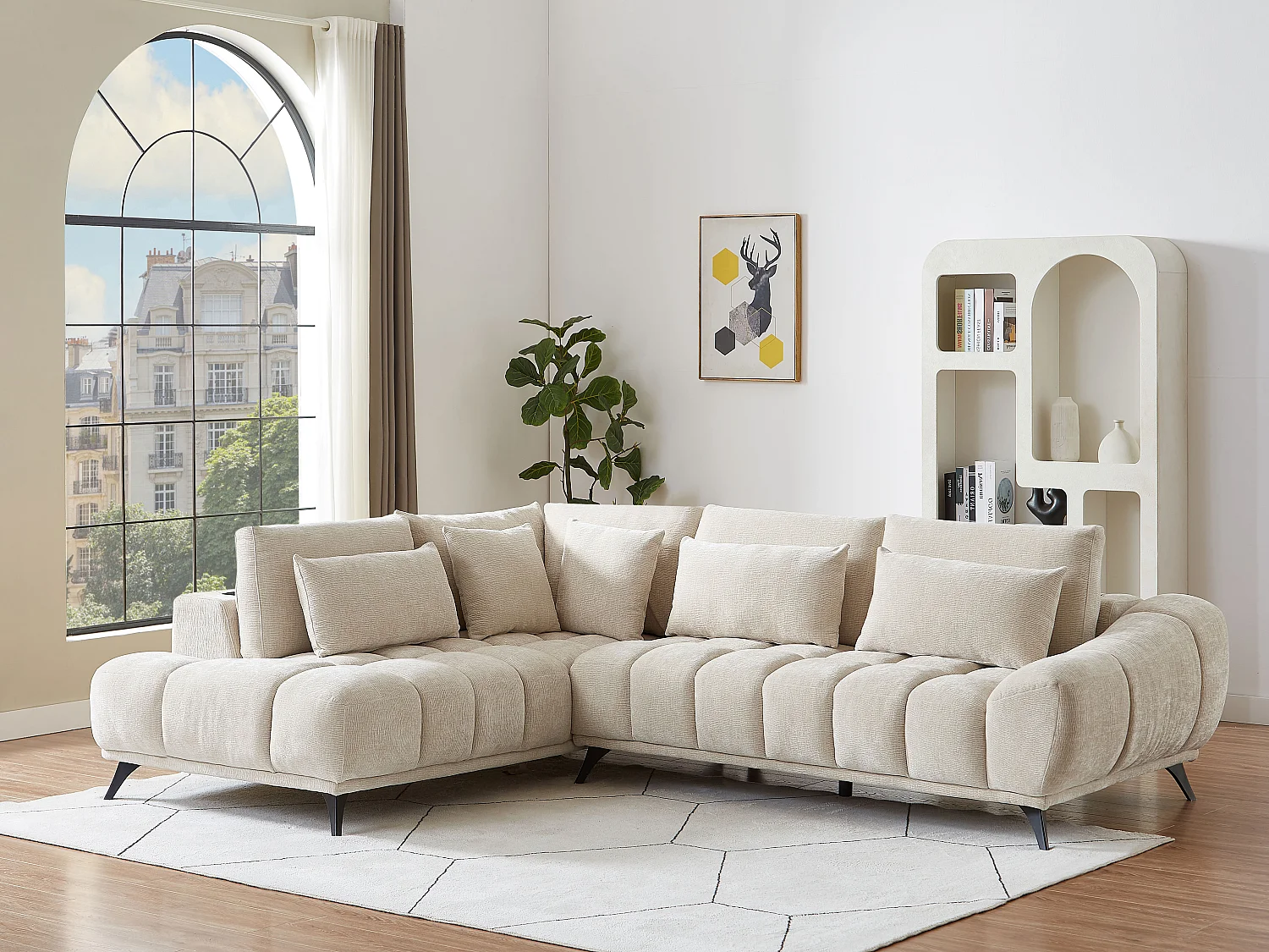 Venstrevendt hjørnesofa med regulerbare nakkestøtter i beige strukturert fløyel MAVIRO