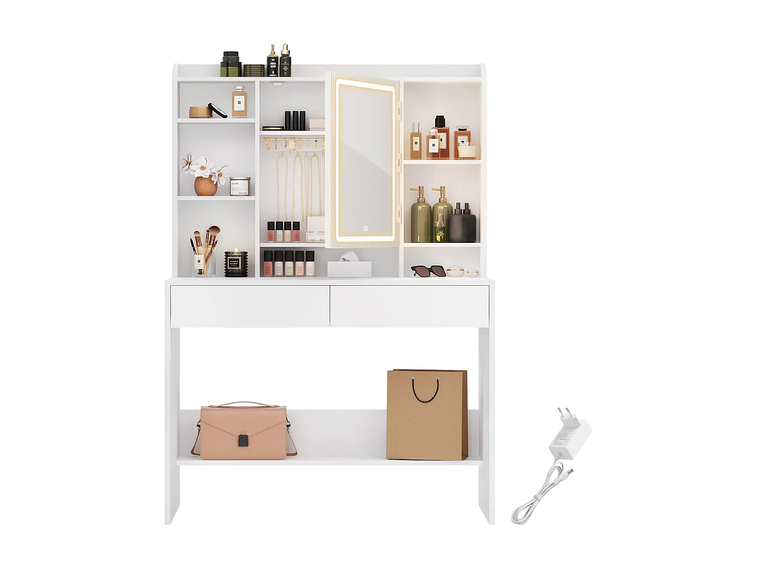 Moderne Witte Make-up tafel met Instelbare LED Verlichting - Kaptafel met Spiegel, 2 Laden