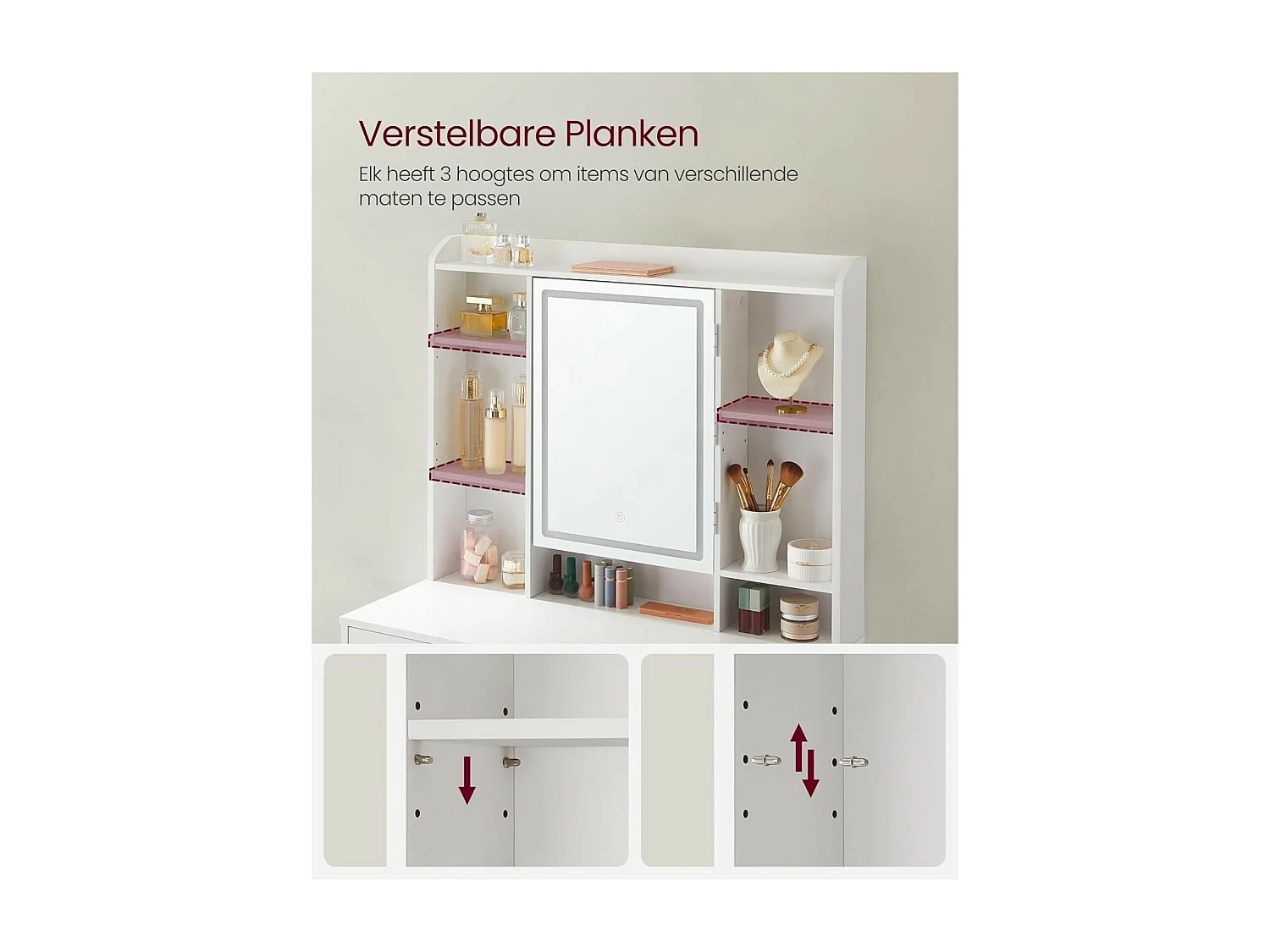 Moderne Witte Make-up tafel met Instelbare LED Verlichting - Kaptafel met Spiegel, 2 Laden