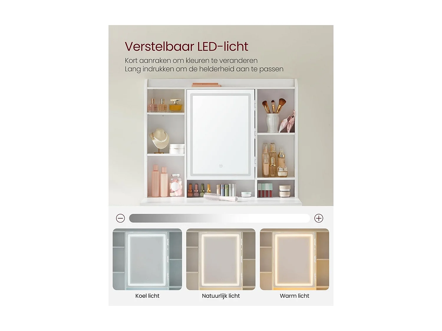 Moderne Witte Make-up tafel met Instelbare LED Verlichting - Kaptafel met Spiegel, 2 Laden