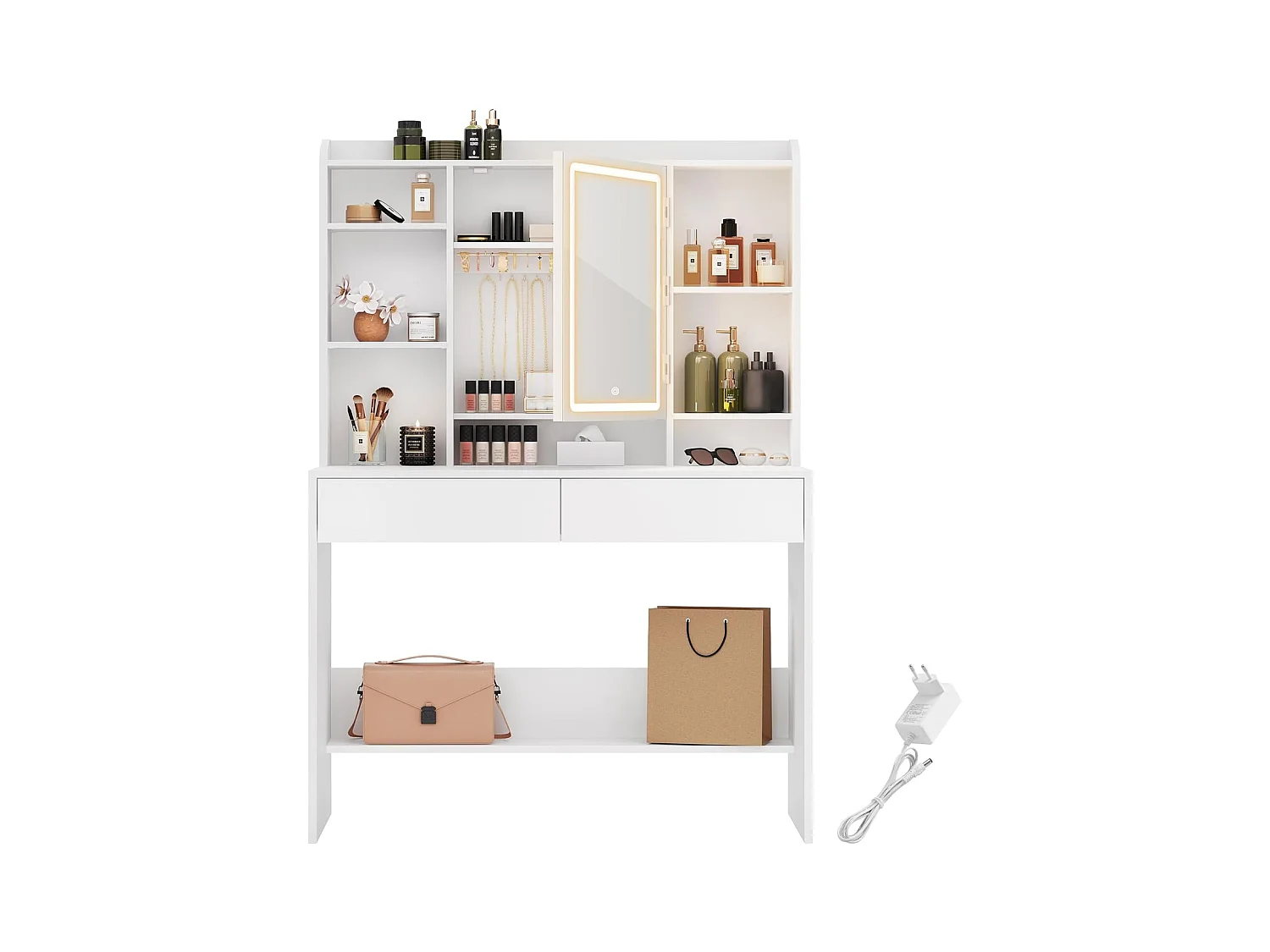 Table de maquillage moderne blanche avec éclairage LED réglable - Table de maquillage avec miroir, 2 tiroirs