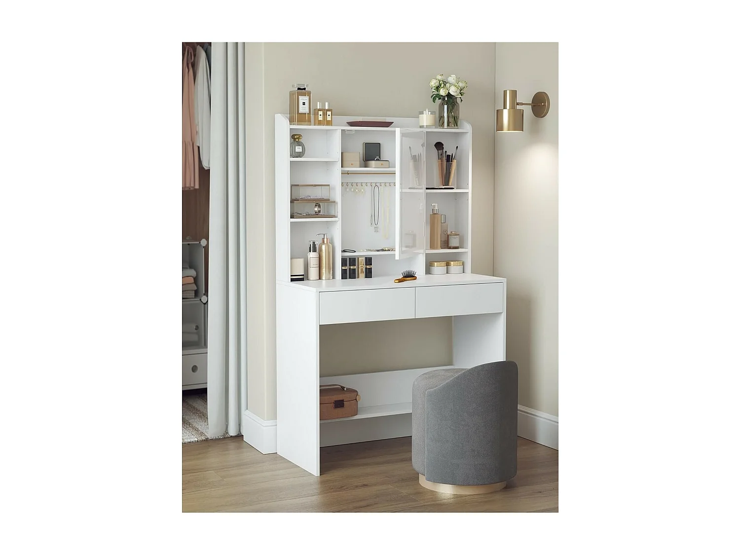 Moderne Witte Make-up tafel met Instelbare LED Verlichting - Kaptafel met Spiegel, 2 Laden
