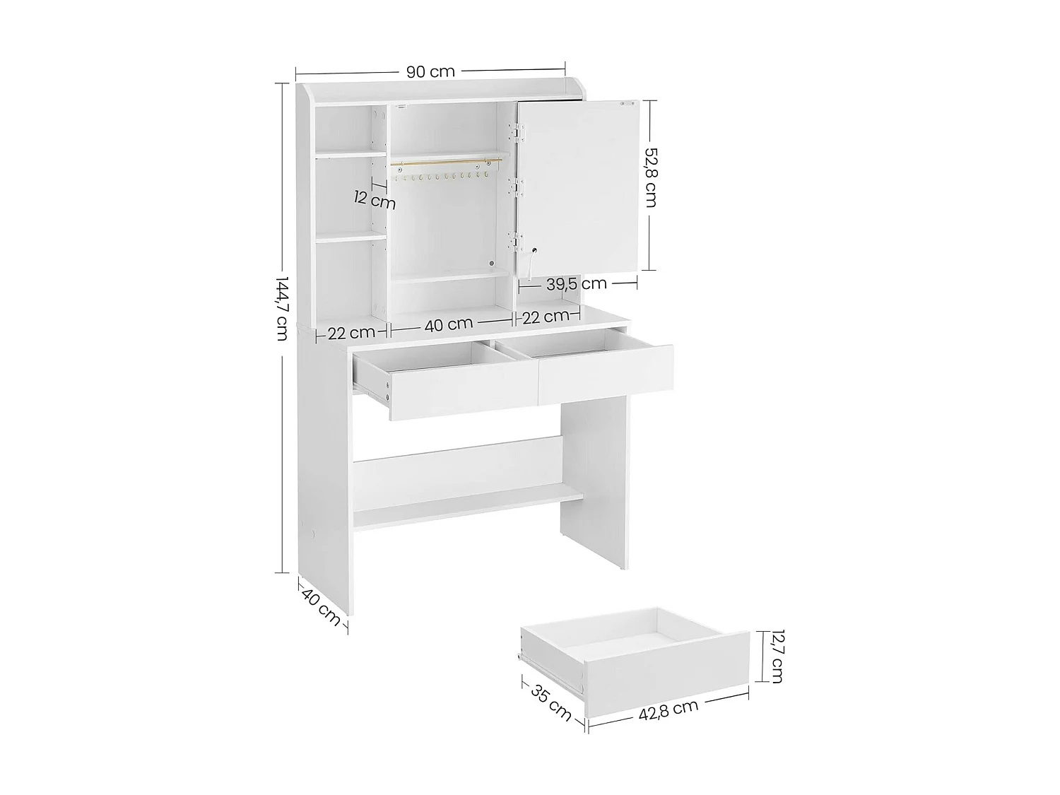 Moderne Witte Make-up tafel met Instelbare LED Verlichting - Kaptafel met Spiegel, 2 Laden