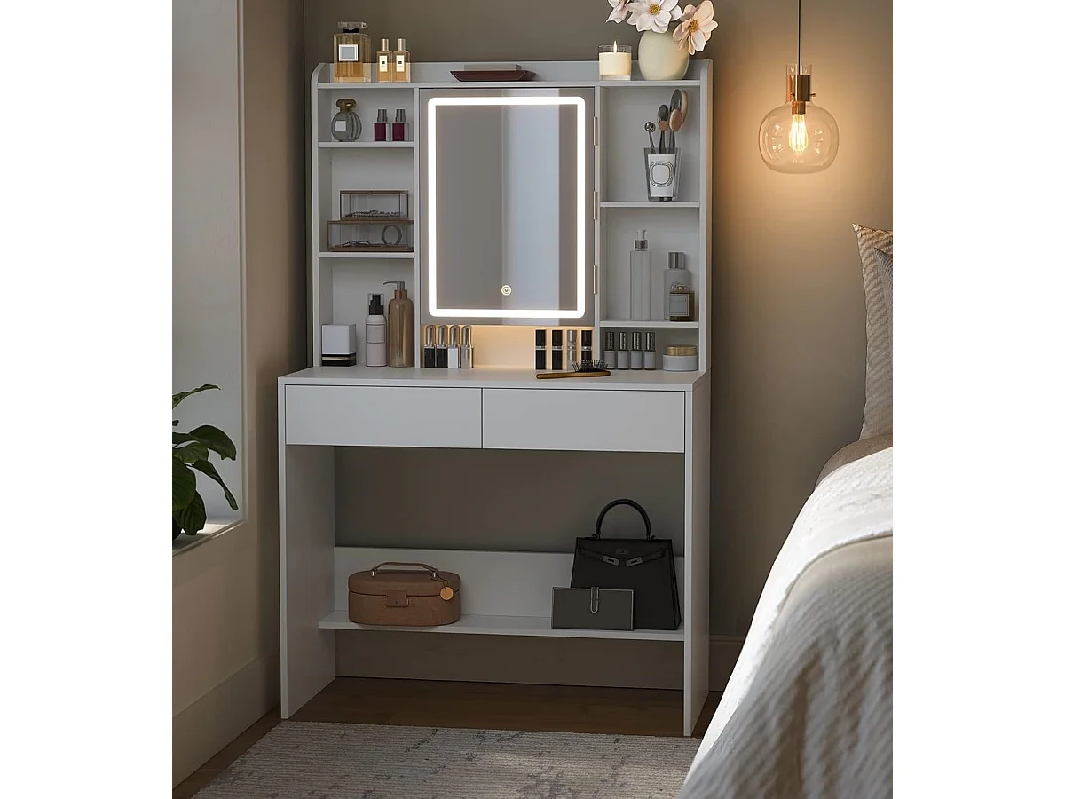 Moderne Witte Make-up tafel met Instelbare LED Verlichting - Kaptafel met Spiegel, 2 Laden