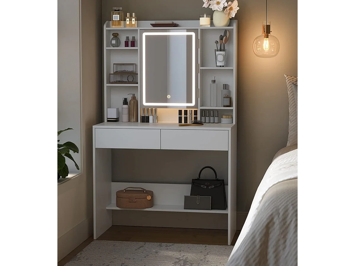 Moderne Witte Make-up tafel met Instelbare LED Verlichting - Kaptafel met Spiegel, 2 Laden