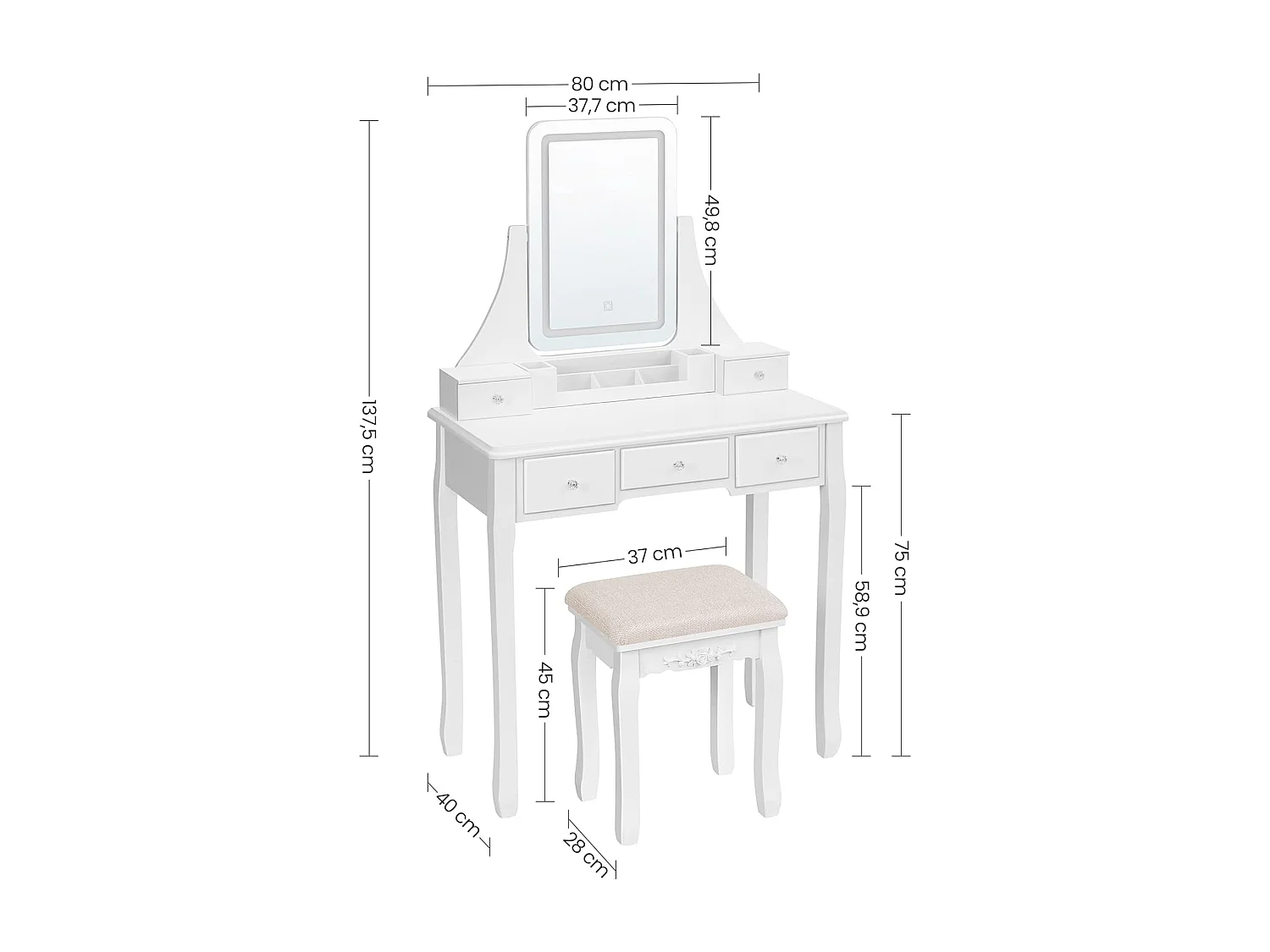 Bobbel Home Luxe Make-uptafel – Stijlvol, Verlicht & Praktisch- Wit - 80x40x137,5