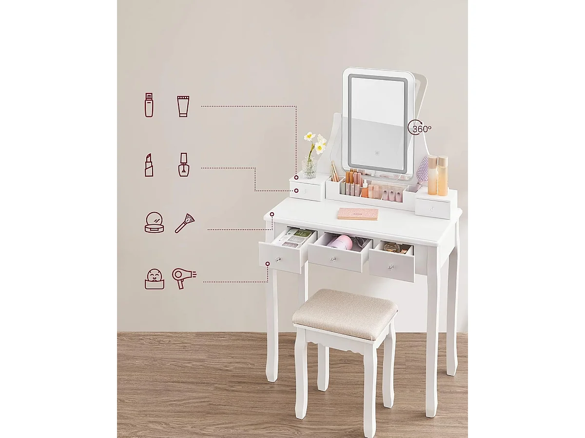 Bobbel Home Luxe Make-uptafel – Stijlvol, Verlicht & Praktisch- Wit - 80x40x137,5