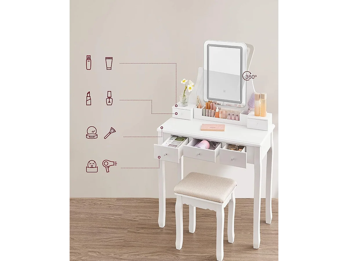 Bobble Home Table de maquillage de luxe - Élégante, éclairée et pratique - Blanc - 80x40x137.5