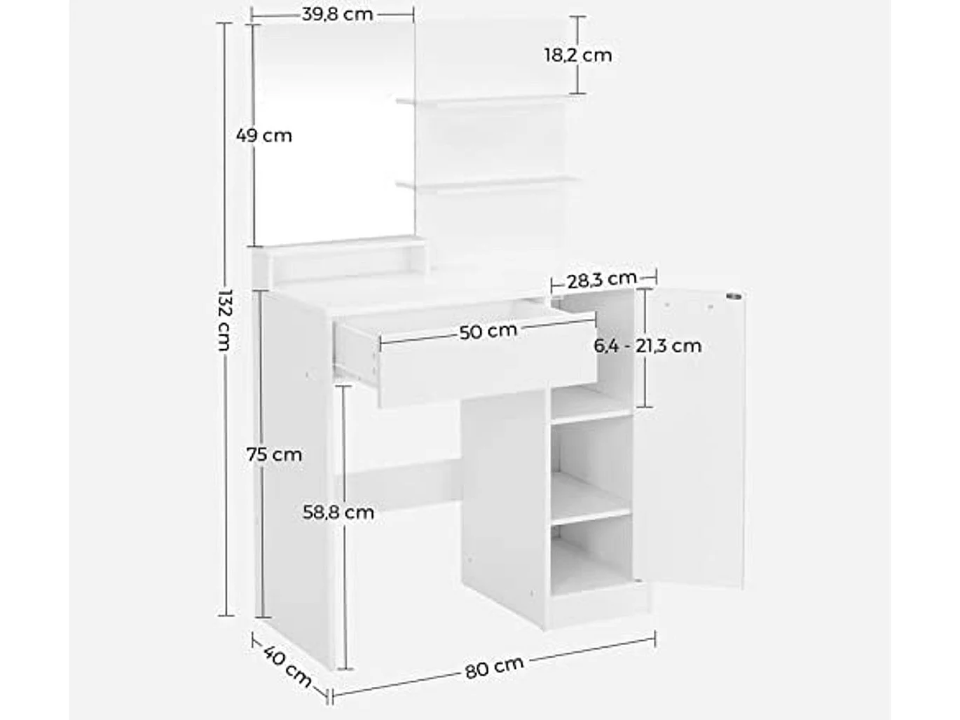 Parya Home kaptafel met spiegel - 1 lade - 2 legplanken - wit
