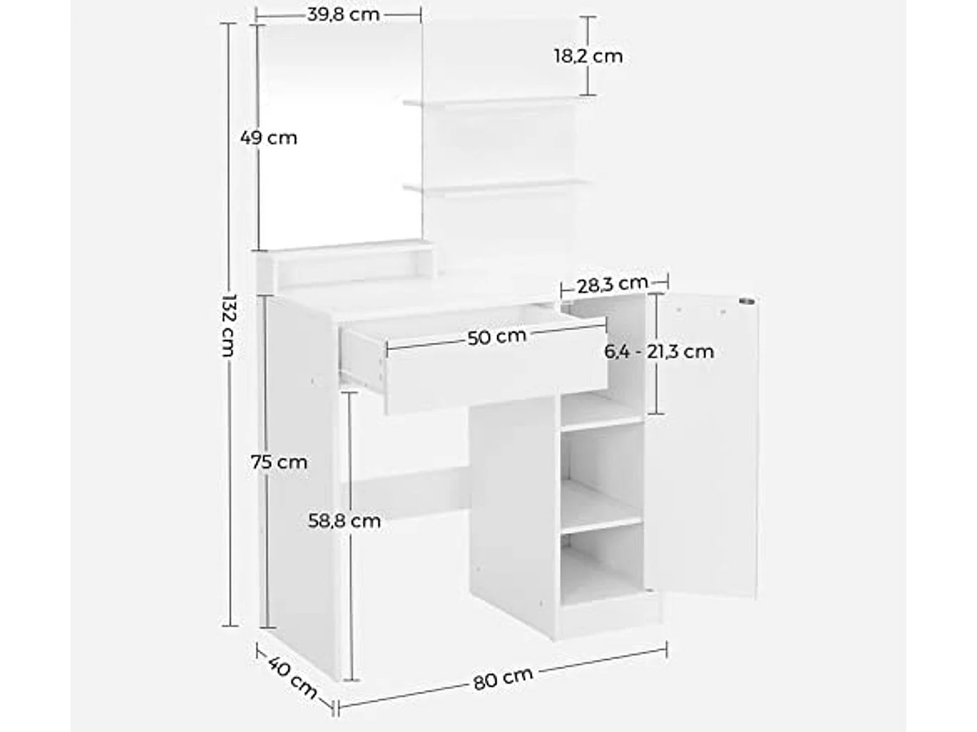 Parya Home kaptafel met spiegel - 1 lade - 2 legplanken - wit