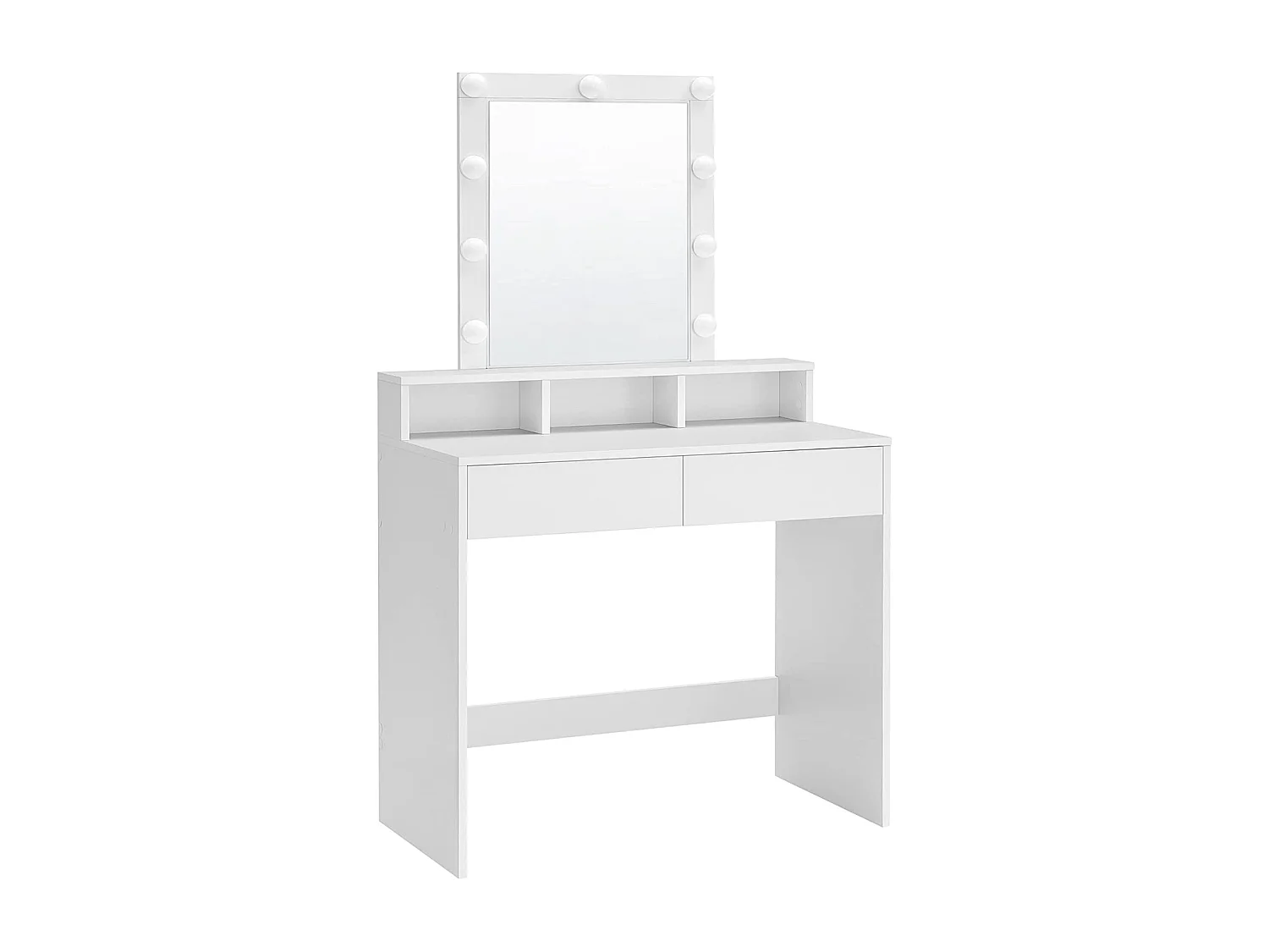 Bobbel Home - Coiffeuse blanche - Miroir rectangulaire - Ampoules - 2 tiroirs et 3 compartiments ouverts - Blanc