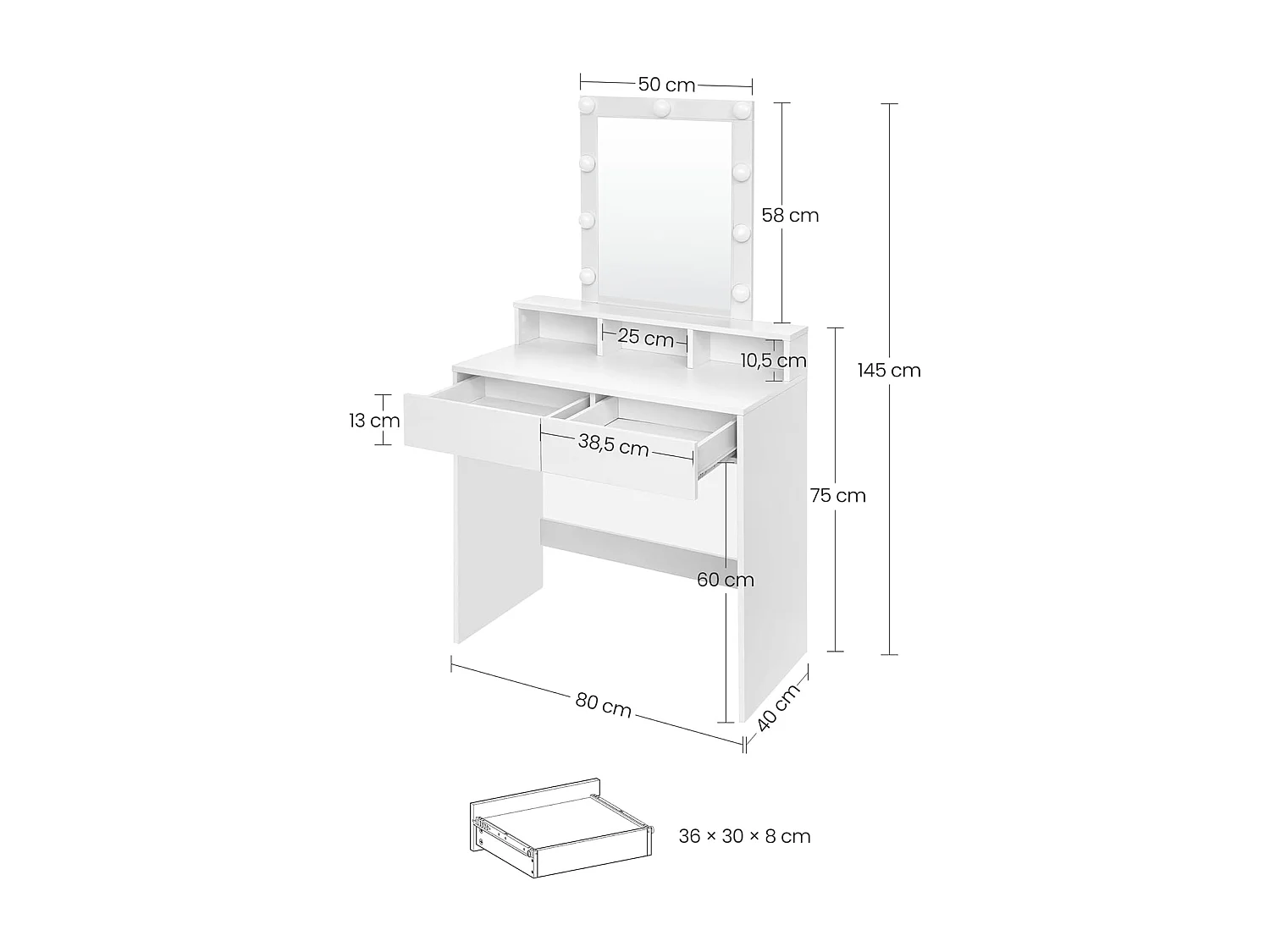 Bobbel Home - Coiffeuse blanche - Miroir rectangulaire - Ampoules - 2 tiroirs et 3 compartiments ouverts - Blanc