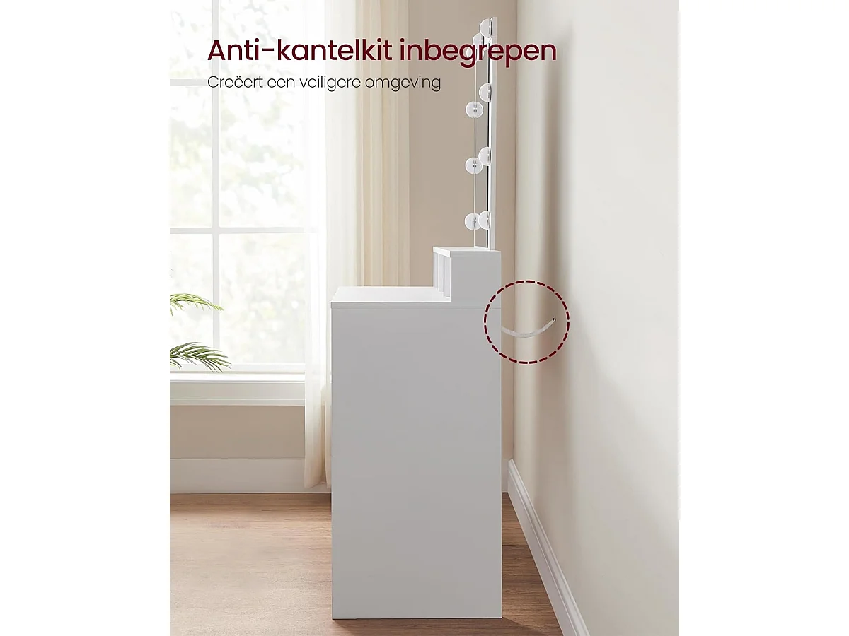 Bobbel Home - Coiffeuse blanche - Miroir rectangulaire - Ampoules - 2 tiroirs et 3 compartiments ouverts - Blanc