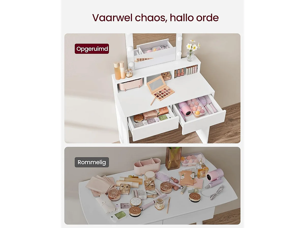 Bobbel Home - Coiffeuse blanche - Miroir rectangulaire - Ampoules - 2 tiroirs et 3 compartiments ouverts - Blanc