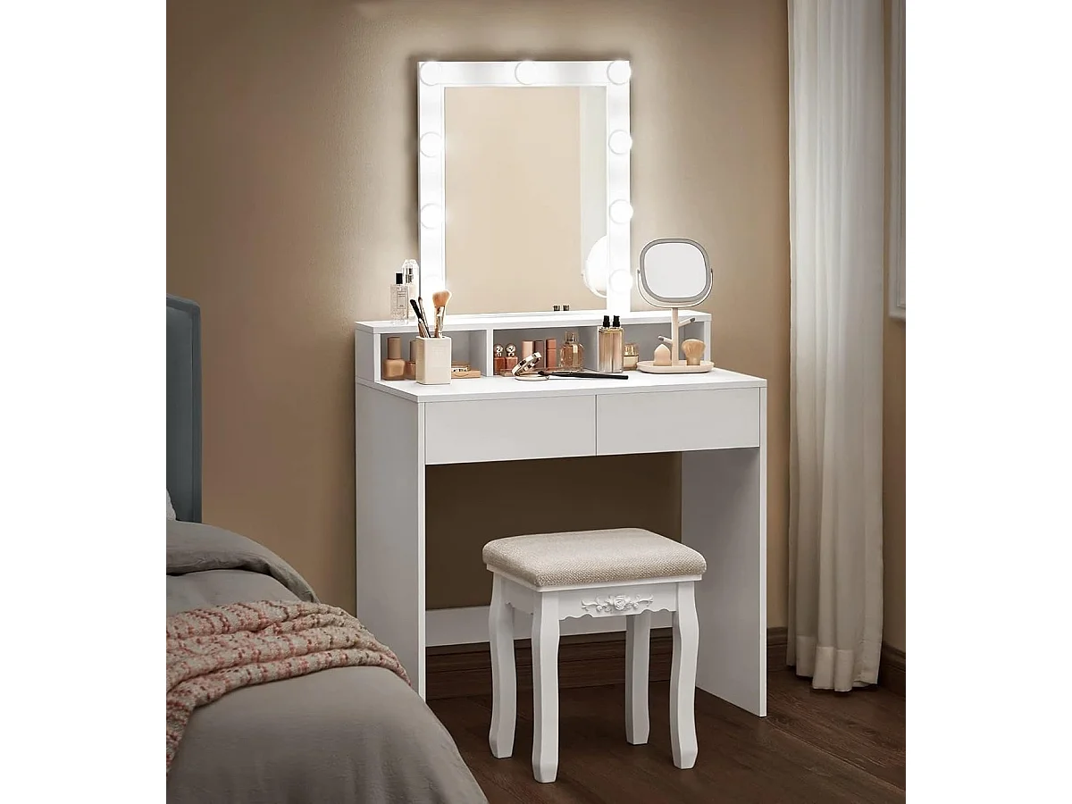 Bobbel Home - Coiffeuse blanche - Miroir rectangulaire - Ampoules - 2 tiroirs et 3 compartiments ouverts - Blanc