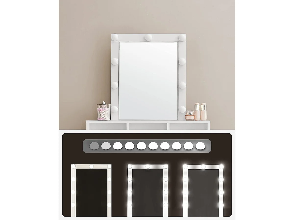 Bobbel Home - Coiffeuse blanche - Miroir rectangulaire - Ampoules - 2 tiroirs et 3 compartiments ouverts - Blanc