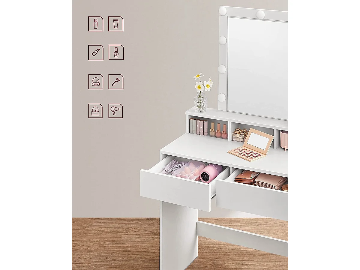 Bobbel Home - Coiffeuse blanche - Miroir rectangulaire - Ampoules - 2 tiroirs et 3 compartiments ouverts - Blanc