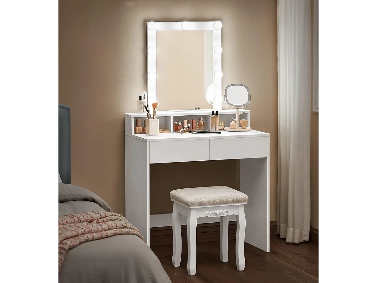 Bobbel Home - Coiffeuse blanche - Miroir rectangulaire - Ampoules - 2 tiroirs et 3 compartiments ouverts - Blanc