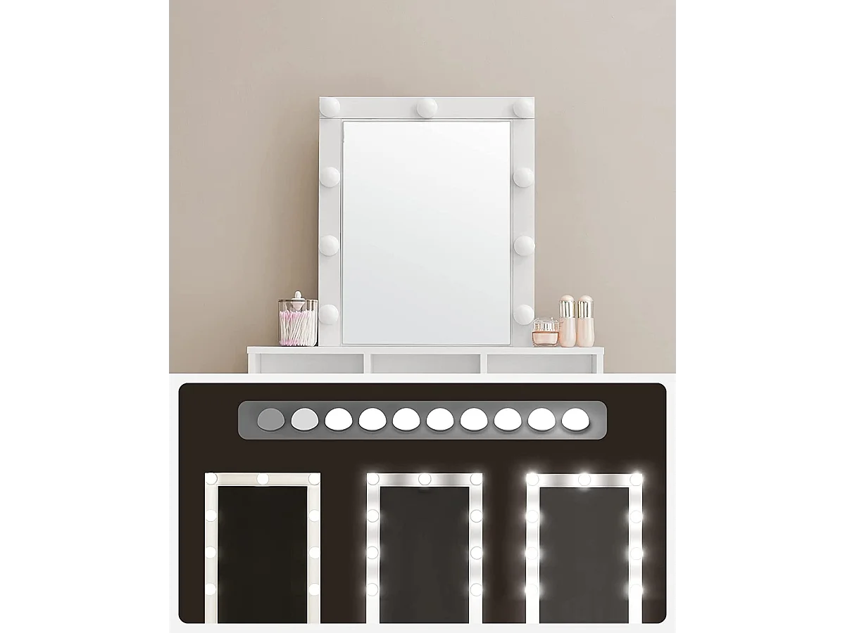 Bobbel Home - Coiffeuse blanche - Miroir rectangulaire - Ampoules - 2 tiroirs et 3 compartiments ouverts - Blanc