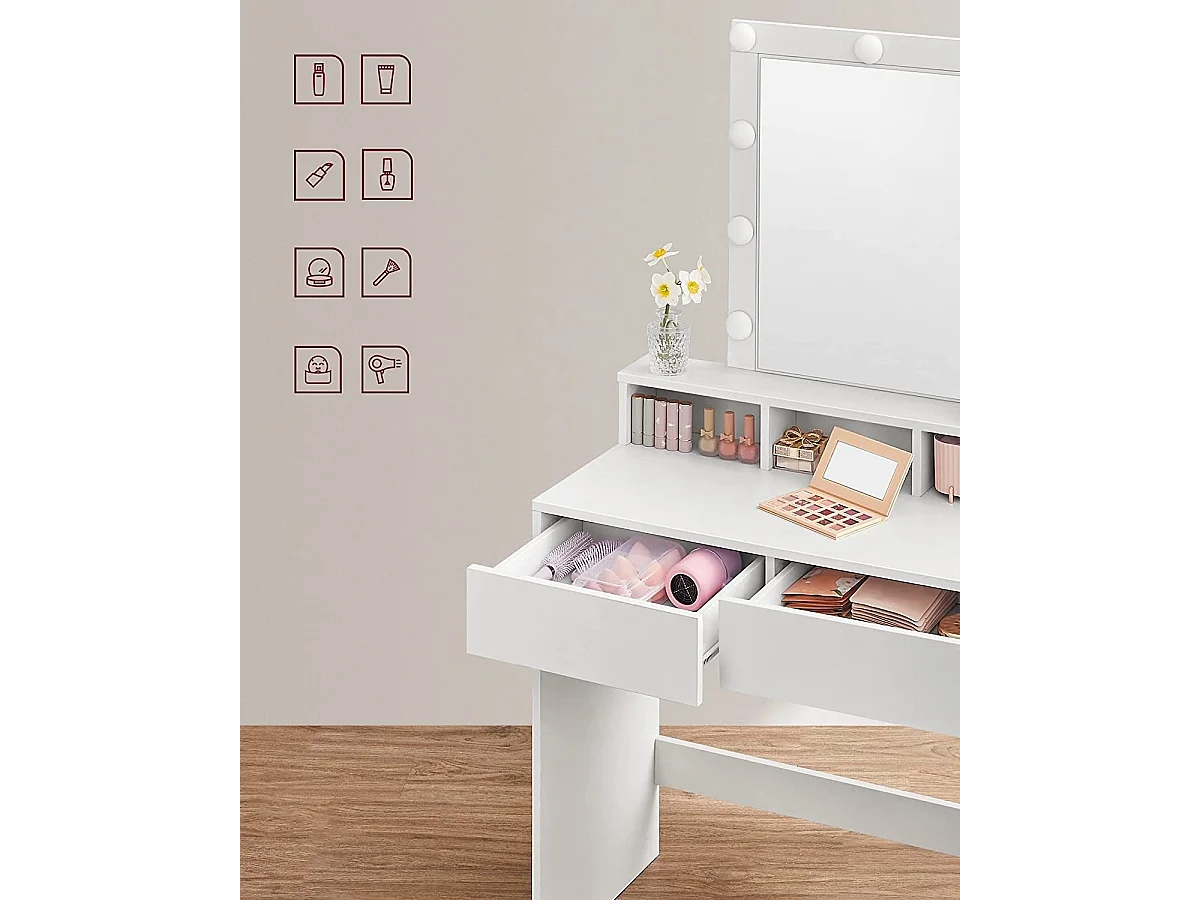 Bobbel Home - Coiffeuse blanche - Miroir rectangulaire - Ampoules - 2 tiroirs et 3 compartiments ouverts - Blanc