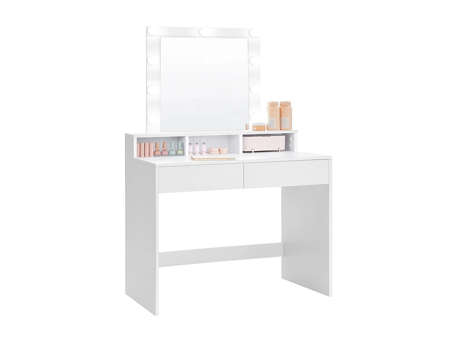 Bobbel Home - Coiffeuse blanche - Miroir rectangulaire - Ampoules - 2 tiroirs et 3 compartiments ouverts - Blanc