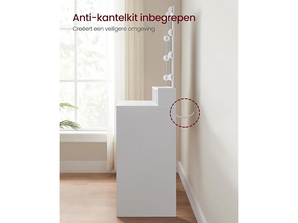 Bobbel Home - Coiffeuse blanche - Miroir rectangulaire - Ampoules - 2 tiroirs et 3 compartiments ouverts - Blanc