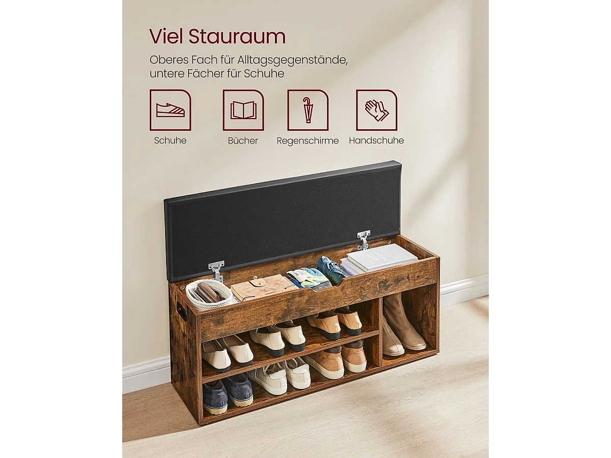 Parya Home schoenenbank, met zitvlak en zitkussen, opbergbank, 3 vakken rustiek bruin