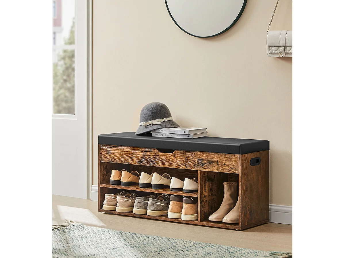 Parya Home banc à chaussures, avec siège et coussin d'assise, banc de rangement, 3 compartiments brun rustique