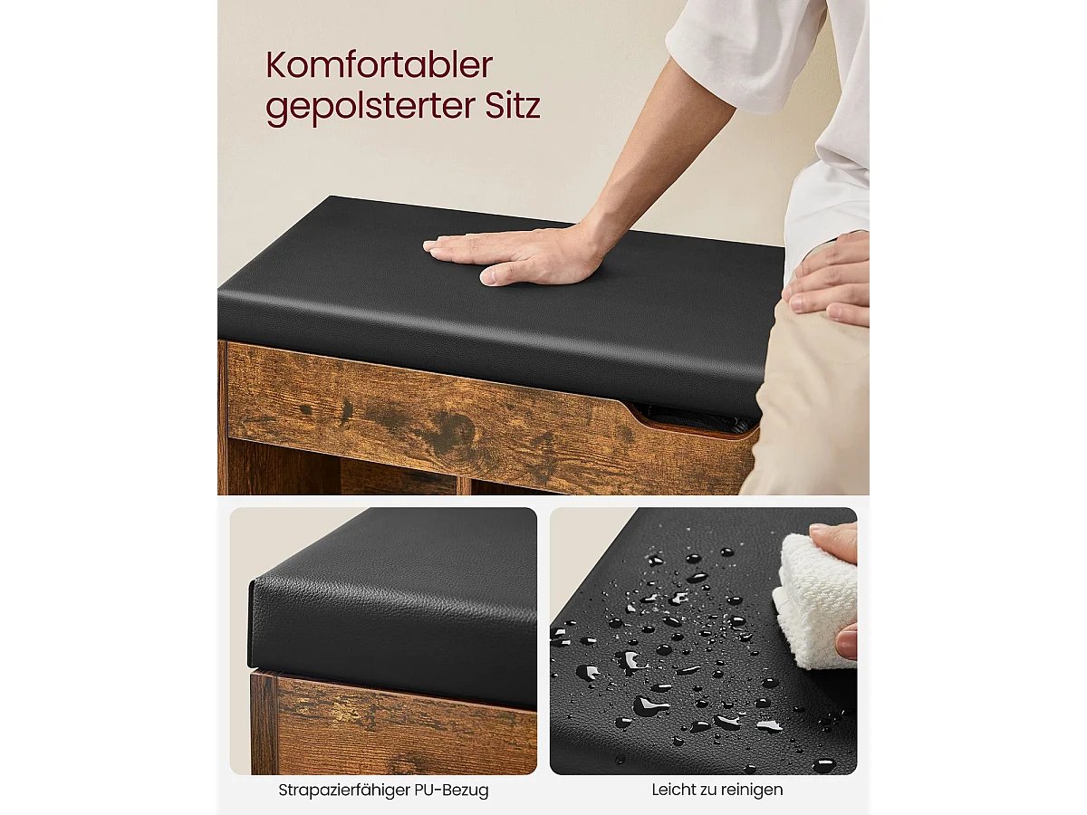 Parya Home banc à chaussures, avec siège et coussin d'assise, banc de rangement, 3 compartiments brun rustique