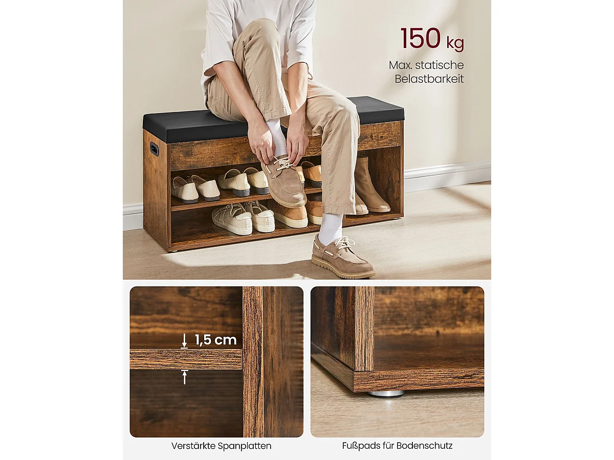 Parya Home banc à chaussures, avec siège et coussin d'assise, banc de rangement, 3 compartiments brun rustique