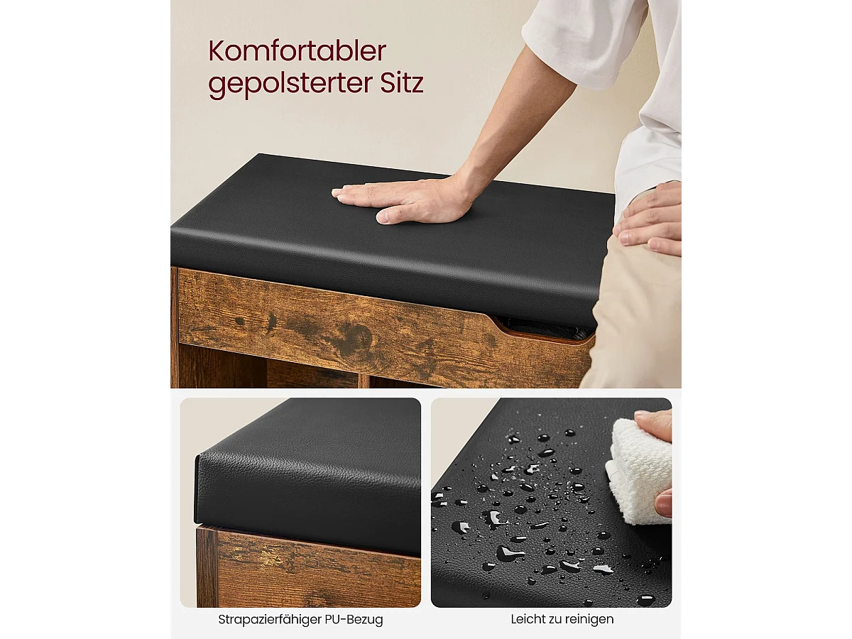 Parya Home schoenenbank, met zitvlak en zitkussen, opbergbank, 3 vakken rustiek bruin