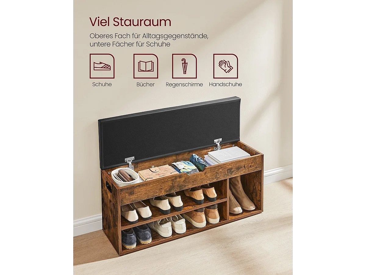 Parya Home schoenenbank, met zitvlak en zitkussen, opbergbank, 3 vakken rustiek bruin