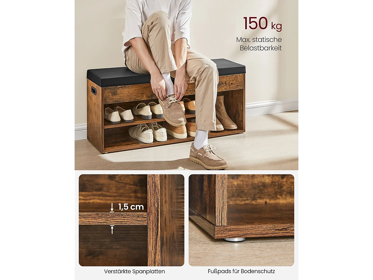 Parya Home schoenenbank, met zitvlak en zitkussen, opbergbank, 3 vakken rustiek bruin