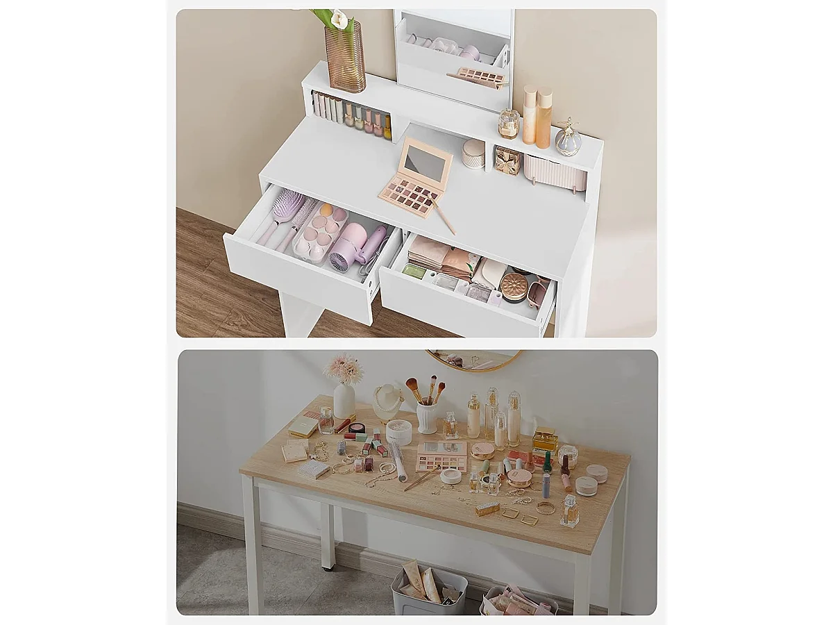 Bobble Home - Coiffeuse avec miroir rectangulaire - Avec 2 tiroirs et 3 compartiments ouverts - Blanc