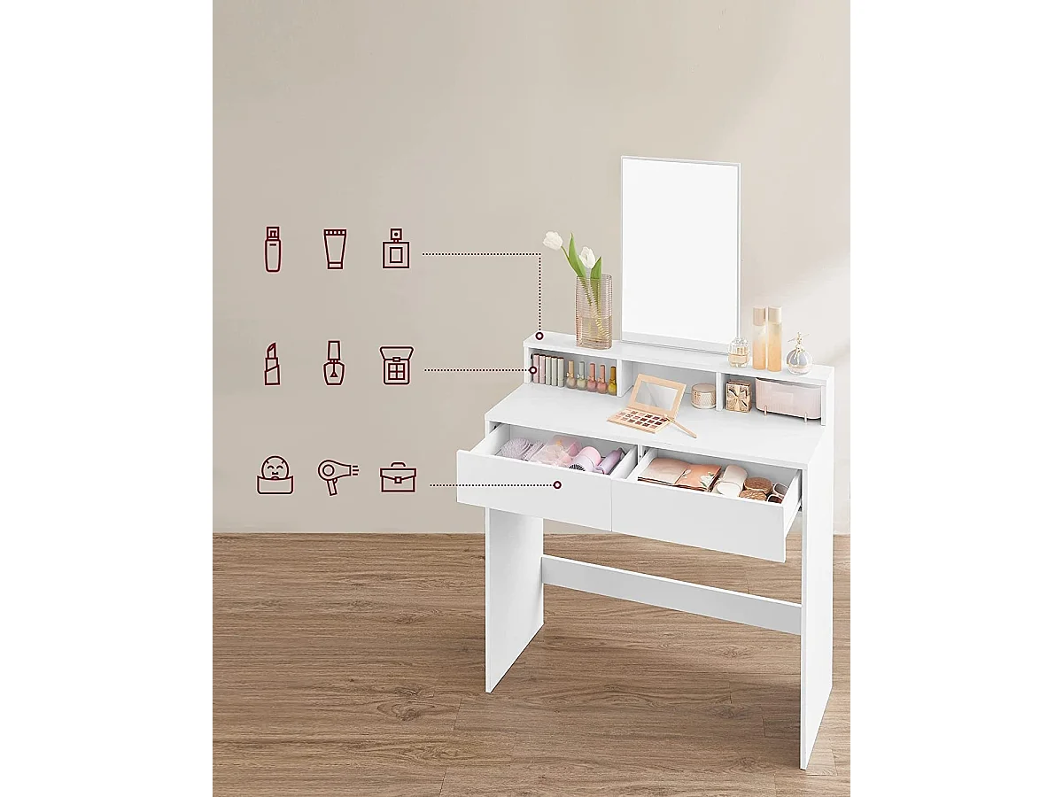 Bobble Home - Coiffeuse avec miroir rectangulaire - Avec 2 tiroirs et 3 compartiments ouverts - Blanc