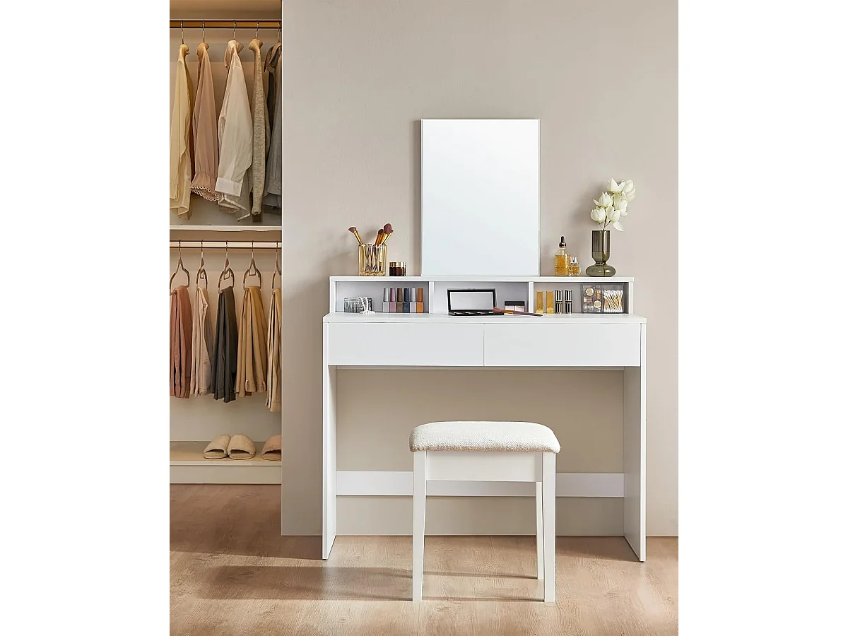Bobble Home - Coiffeuse avec miroir rectangulaire - Avec 2 tiroirs et 3 compartiments ouverts - Blanc
