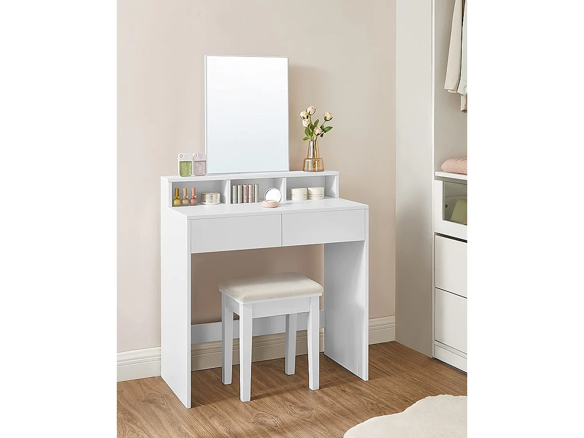 Bobble Home - Coiffeuse avec miroir rectangulaire - Avec 2 tiroirs et 3 compartiments ouverts - Blanc